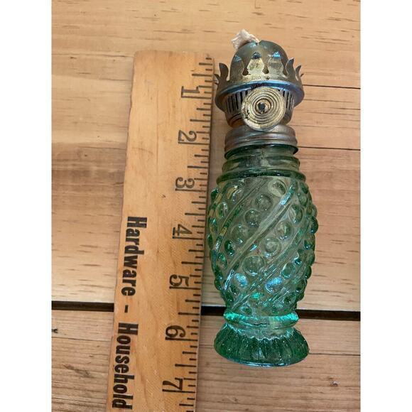 Set of 2 Vintage Small Green Glass Oil Lamps. MCM? Farmhouse Decor. 6" - Picture 6 of 6